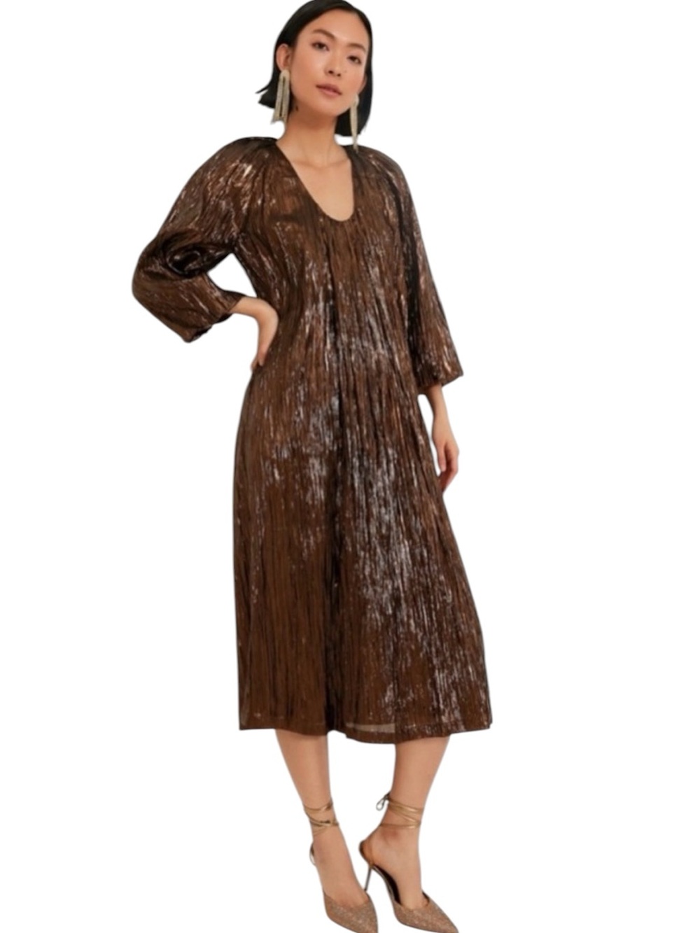 Tuckernuck Hyacinth House Plisse Dorinda Bronze Metallic Midi Dress Size Small